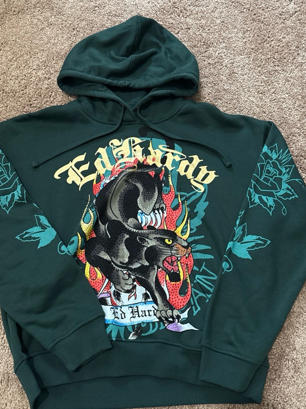 Ed Hardy Dark Green Panther Graphic Hoodie with Teal Rose Accents